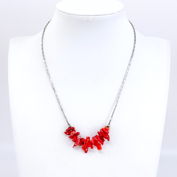 Vintage Sterling Silver 925 Red Coral Tube Bead Necklace 15” - Picture 1 of 5